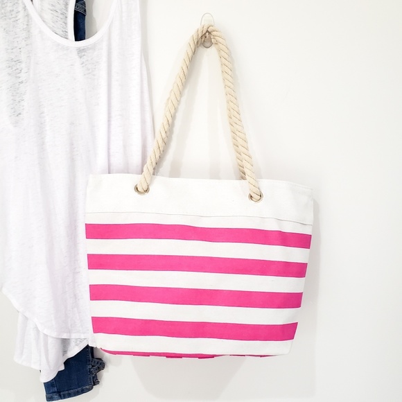 BEACH BUM ROPE & CANVAS STRIPED TOTE (PINK) - Picture 2 of 5